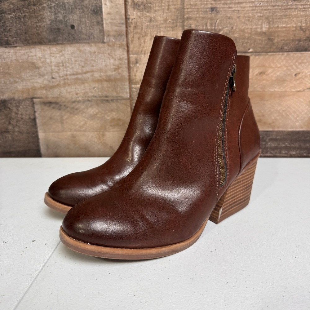 Korks Kork Ease Ankle Boots Womens 9 Brown Faux Leather Stacked Wedge Heel Zip